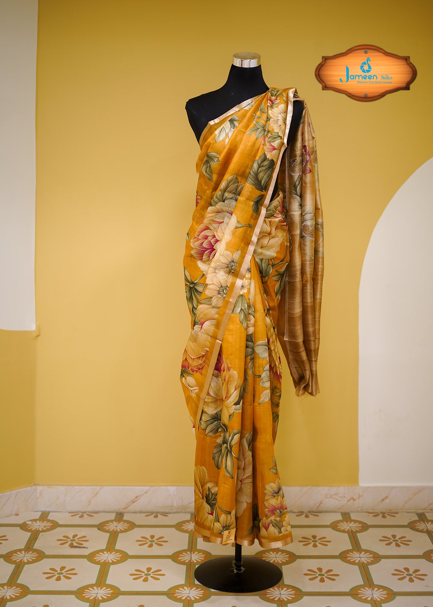 Yellow tussar silk saree