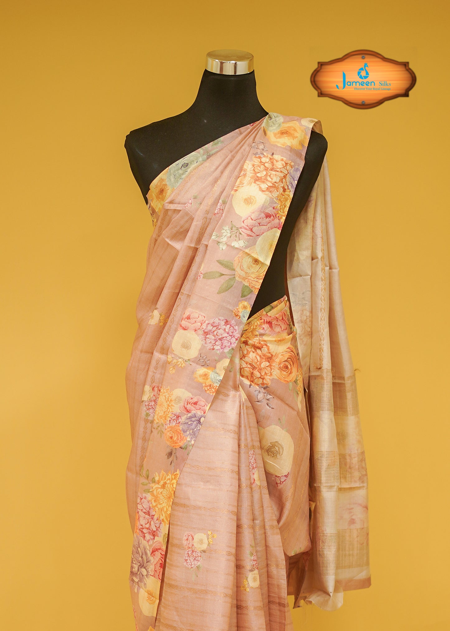 Peach tussar silk saree