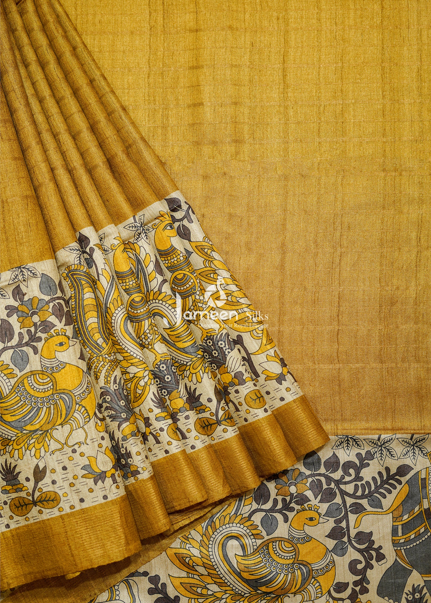 Kalamkari yellow tussar silk saree