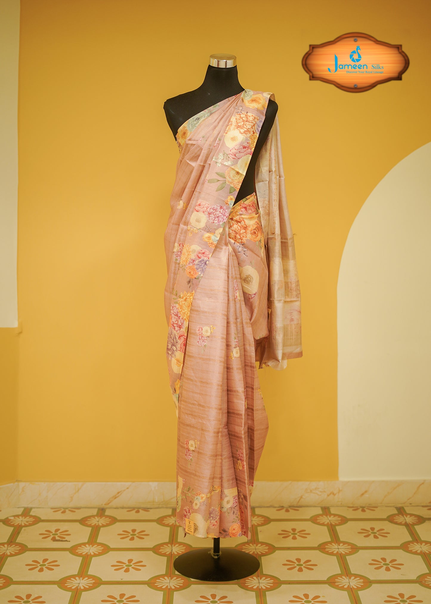 Peach tussar silk saree
