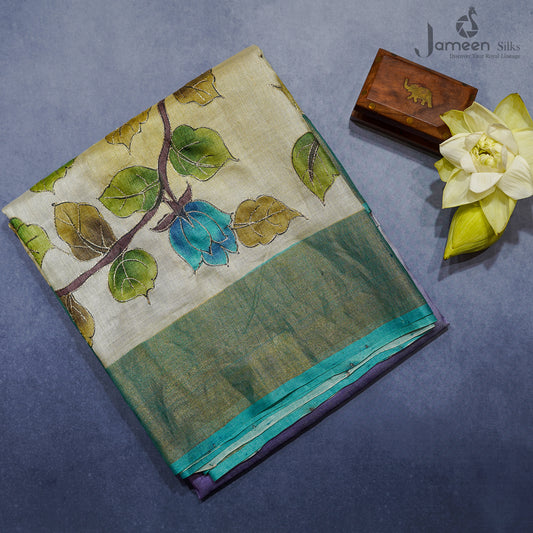 Blue tussar silk saree