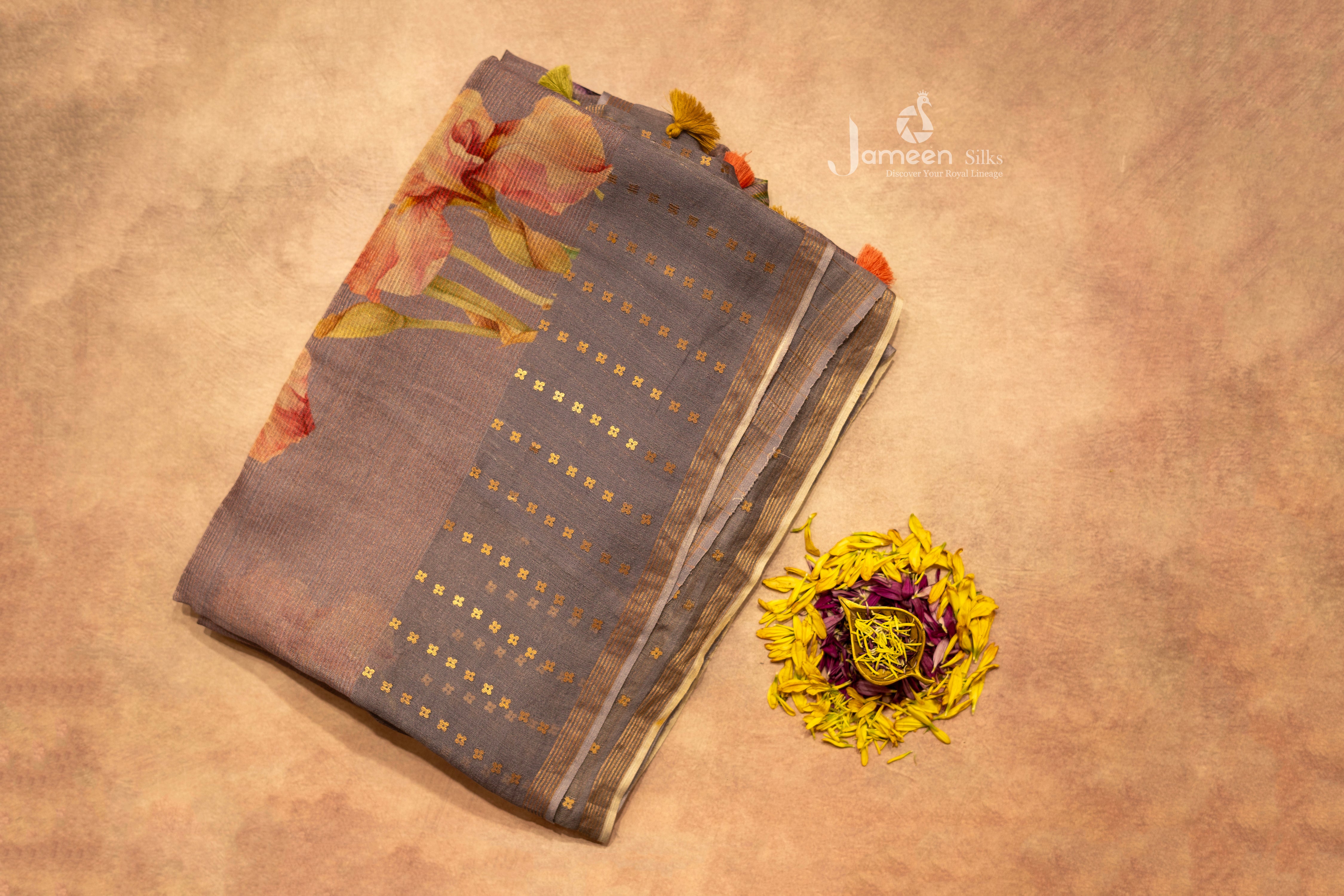 Grey muslin silk saree