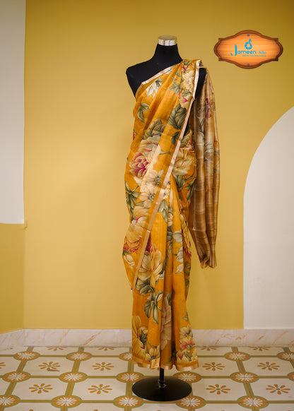 Yellow tussar silk saree