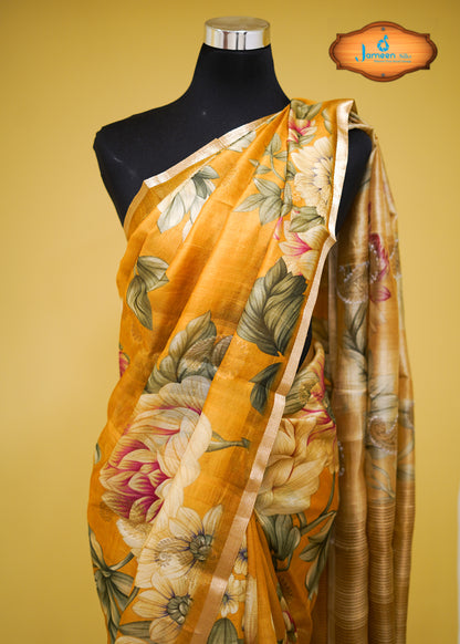 Yellow tussar silk saree