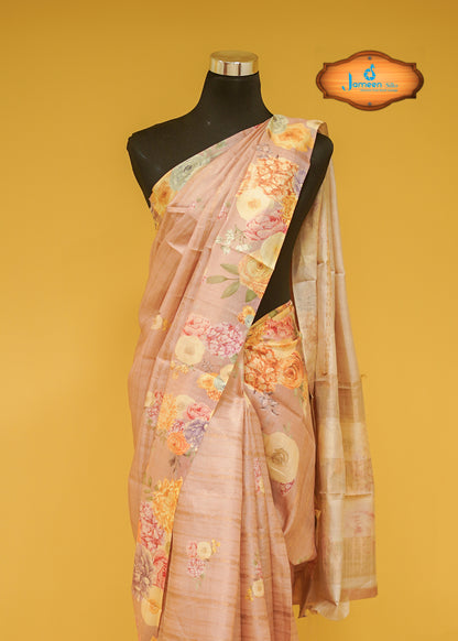 Peach tussar silk saree