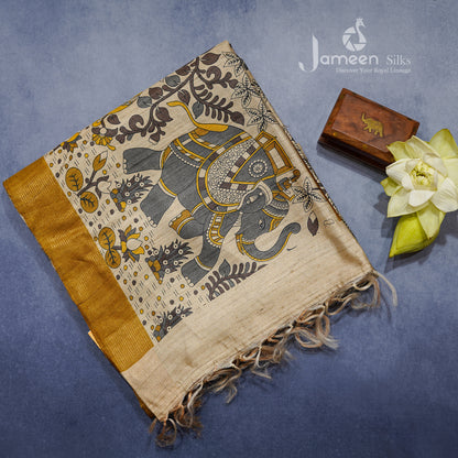 Kalamkari yellow tussar silk saree