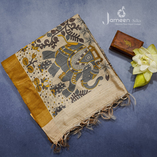 Kalamkari yellow tussar silk saree