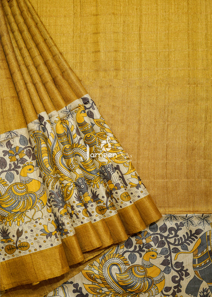 Kalamkari yellow tussar silk saree