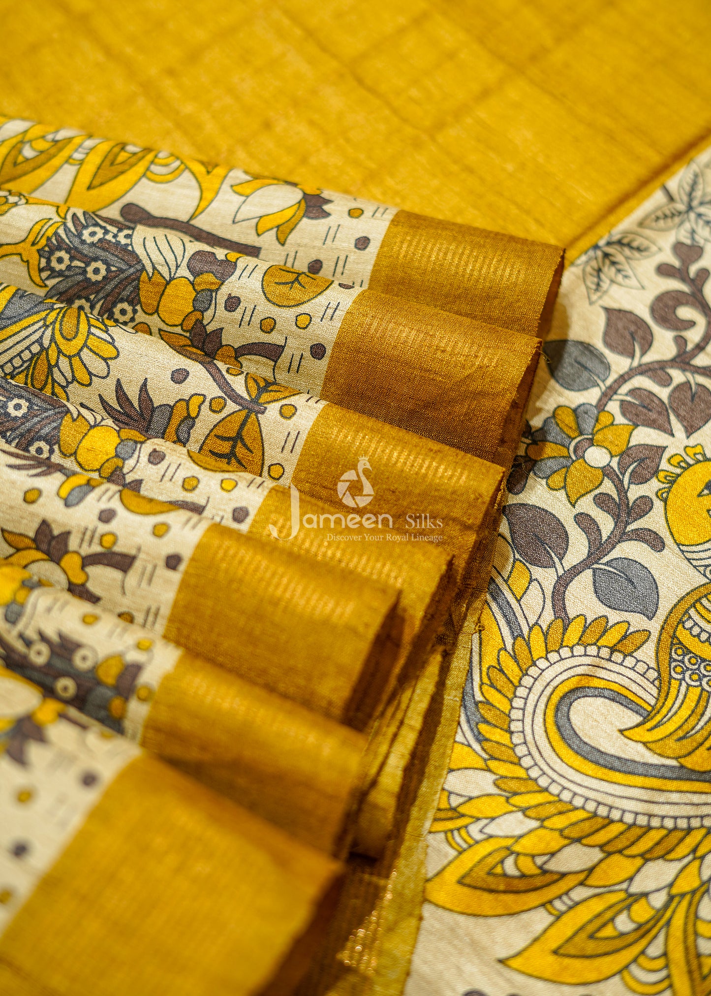 Kalamkari yellow tussar silk saree