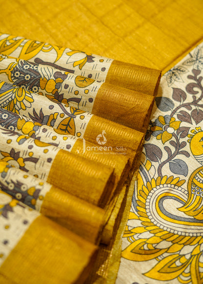 Kalamkari yellow tussar silk saree