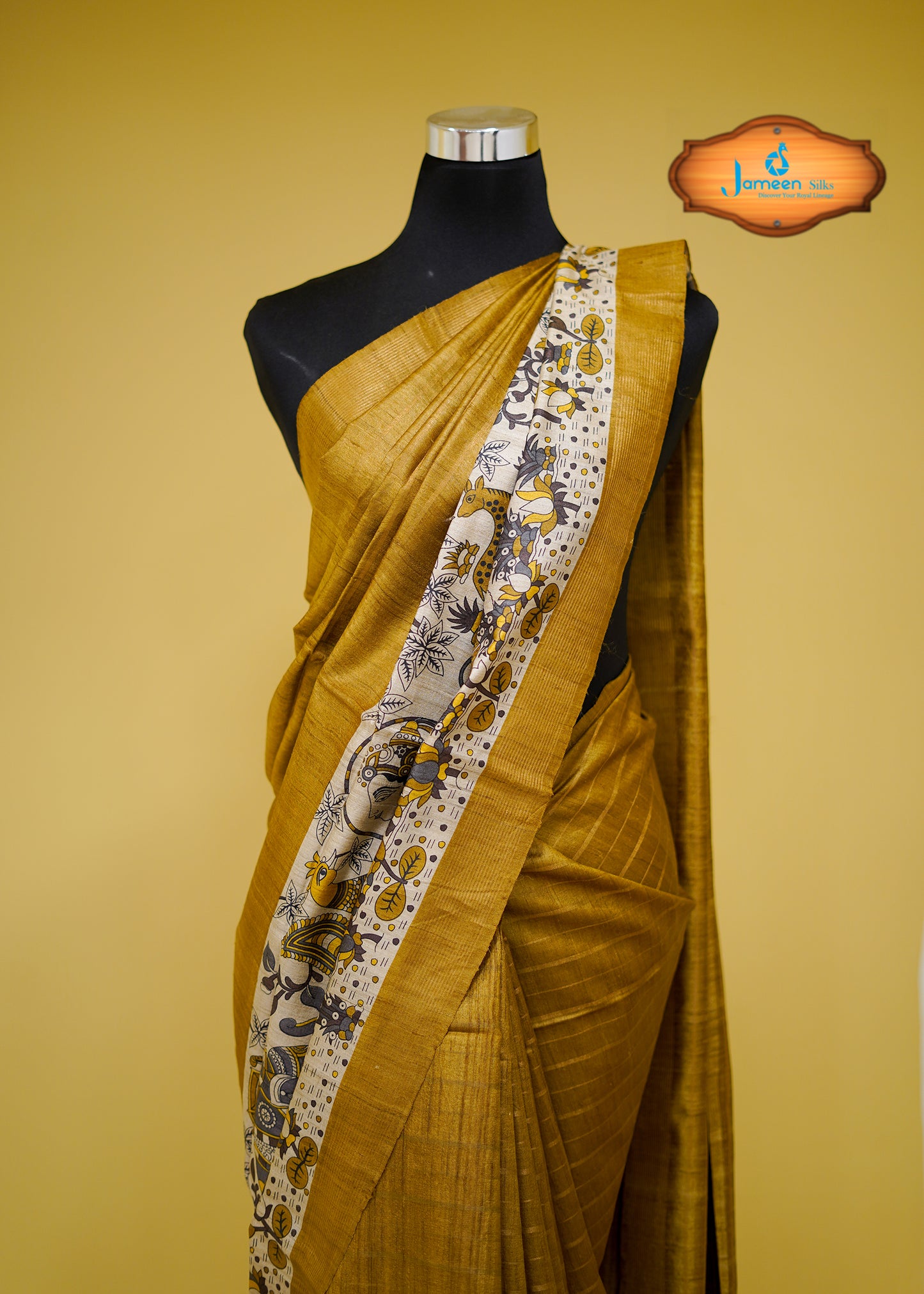 Kalamkari yellow tussar silk saree