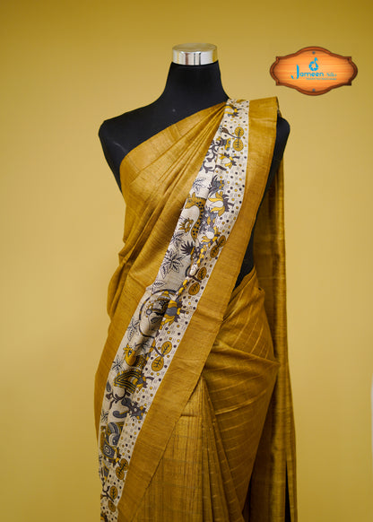 Kalamkari yellow tussar silk saree