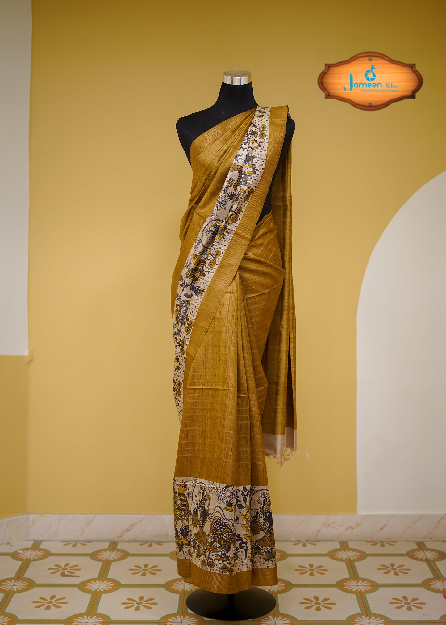 Kalamkari yellow tussar silk saree