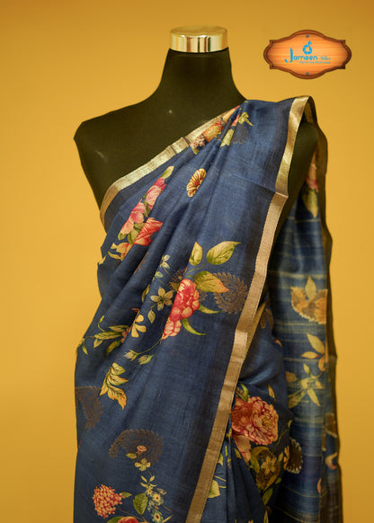 Blue tussar silk saree