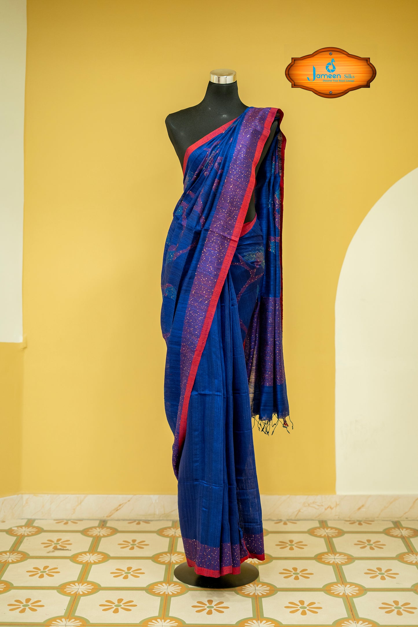 Blue muslin silk saree