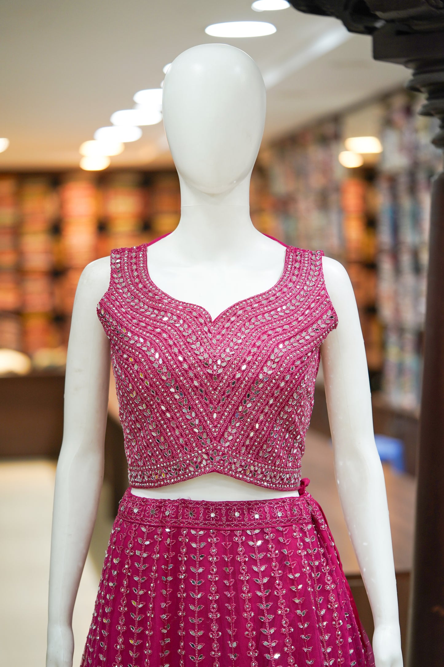 Pink stone work net readymade lehenga