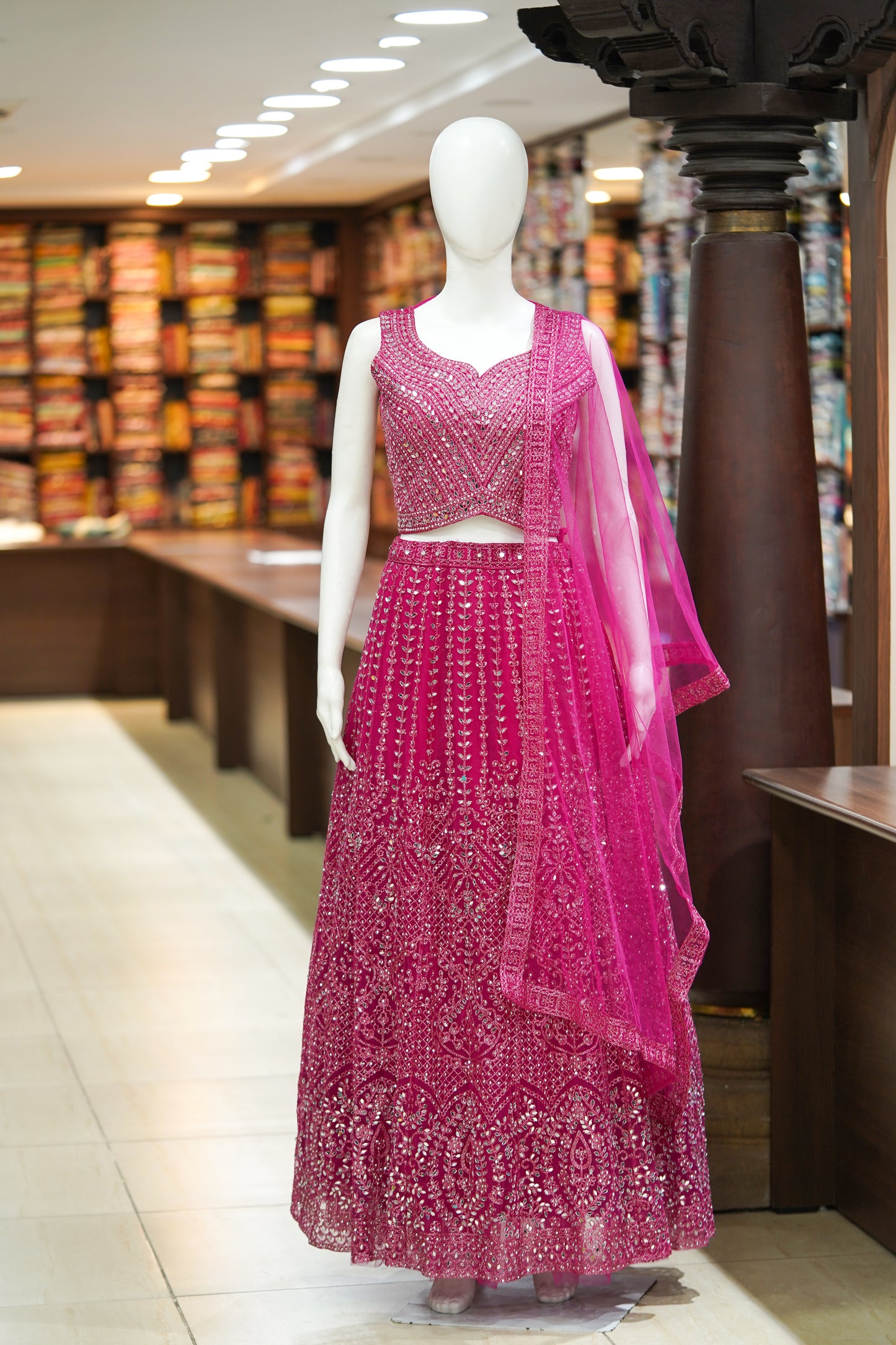 Pink stone work net readymade lehenga