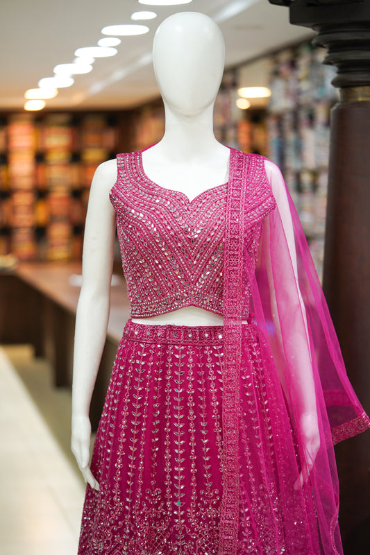 Pink stone work net readymade lehenga
