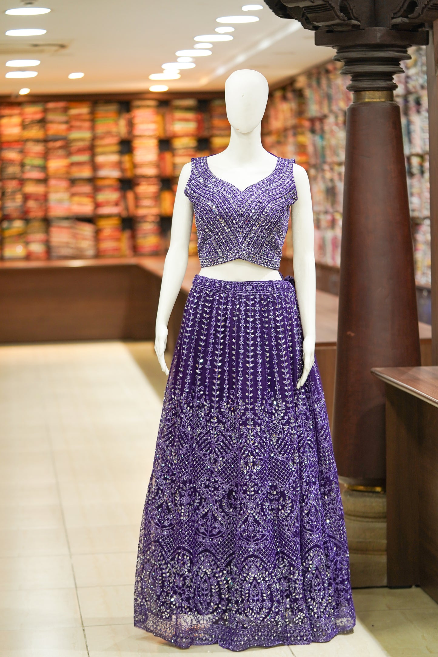 Blue stonework net lehenga