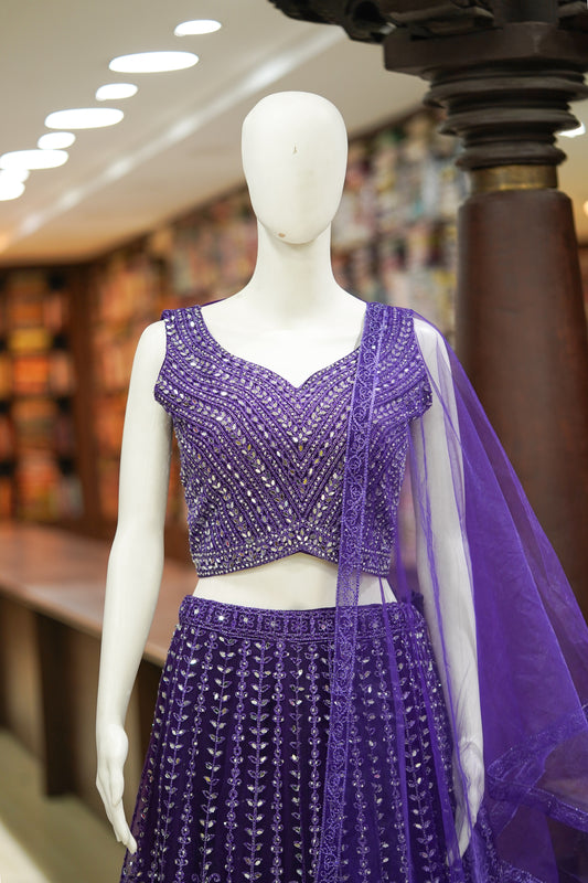 Blue stonework net lehenga