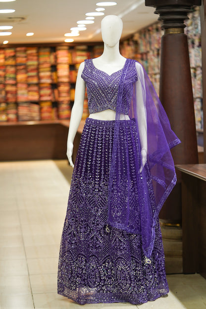 Blue stonework net lehenga