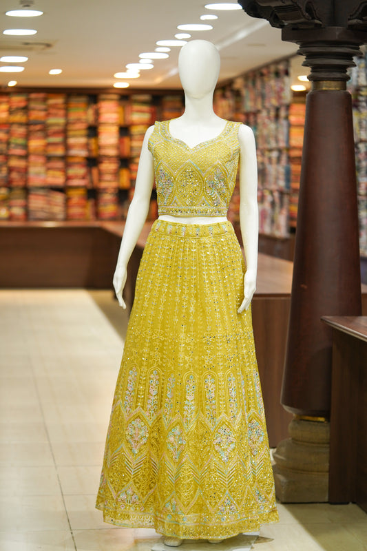 Yellow stonework net lehenga
