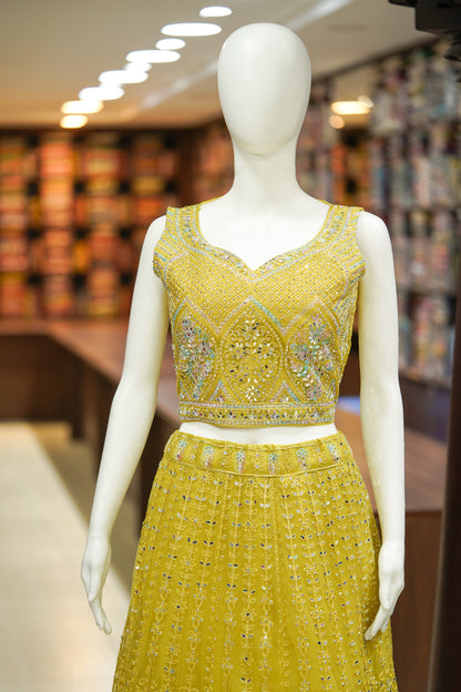Yellow stonework net lehenga