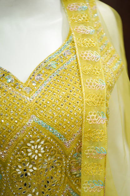 Yellow stonework net lehenga