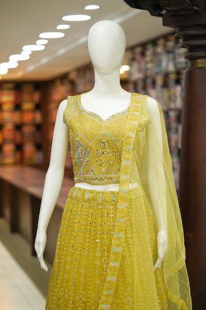Yellow stonework net lehenga